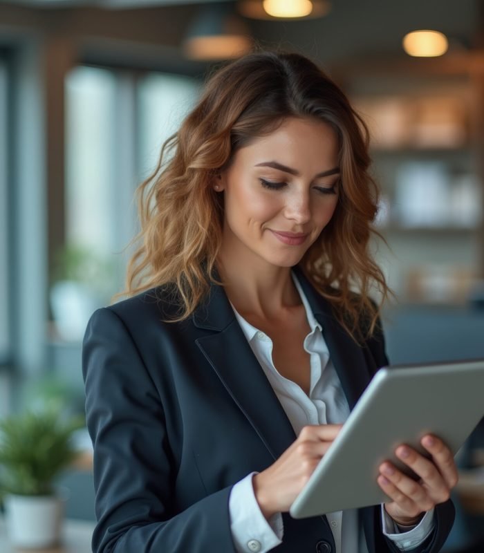 European businesswoman CEO holding digital tablet using tab application standing at workplace in office.